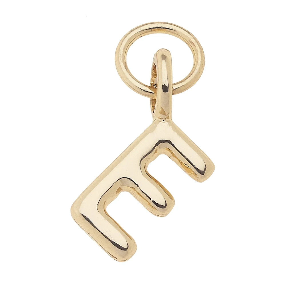 Mini initial "E" alphabet charm in polished shiny gold finish with round jump ring for jewelry making.