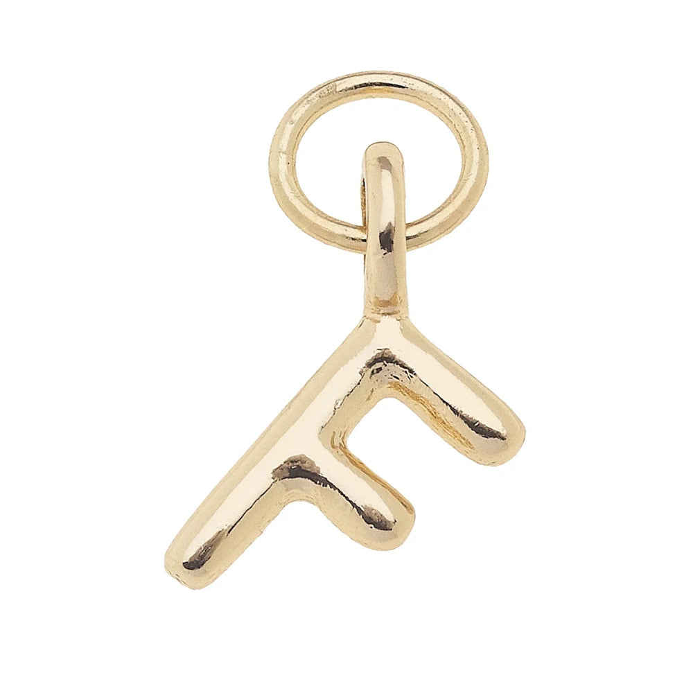 Shiny gold mini initial F charm pendant with a polished finish and round jump ring for jewelry making.