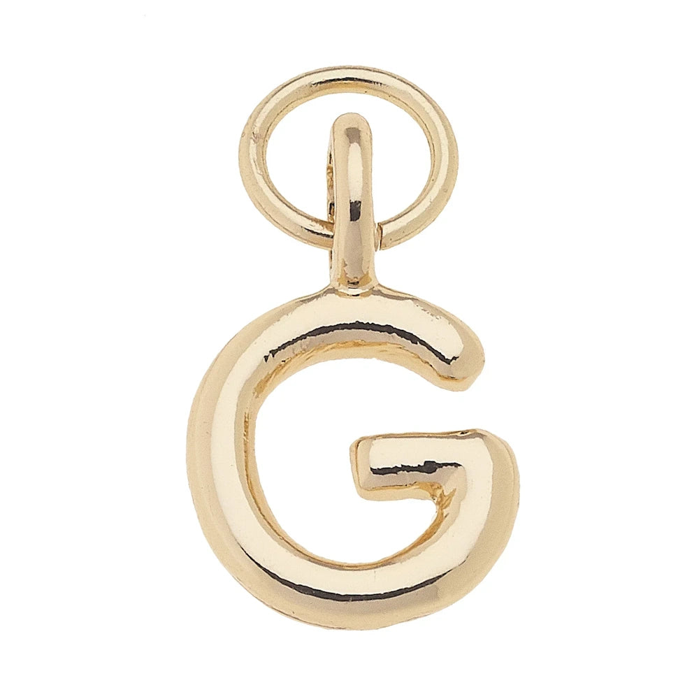 Shiny gold mini letter G initial charm for jewelry making, featuring a polished finish and attached jump ring.