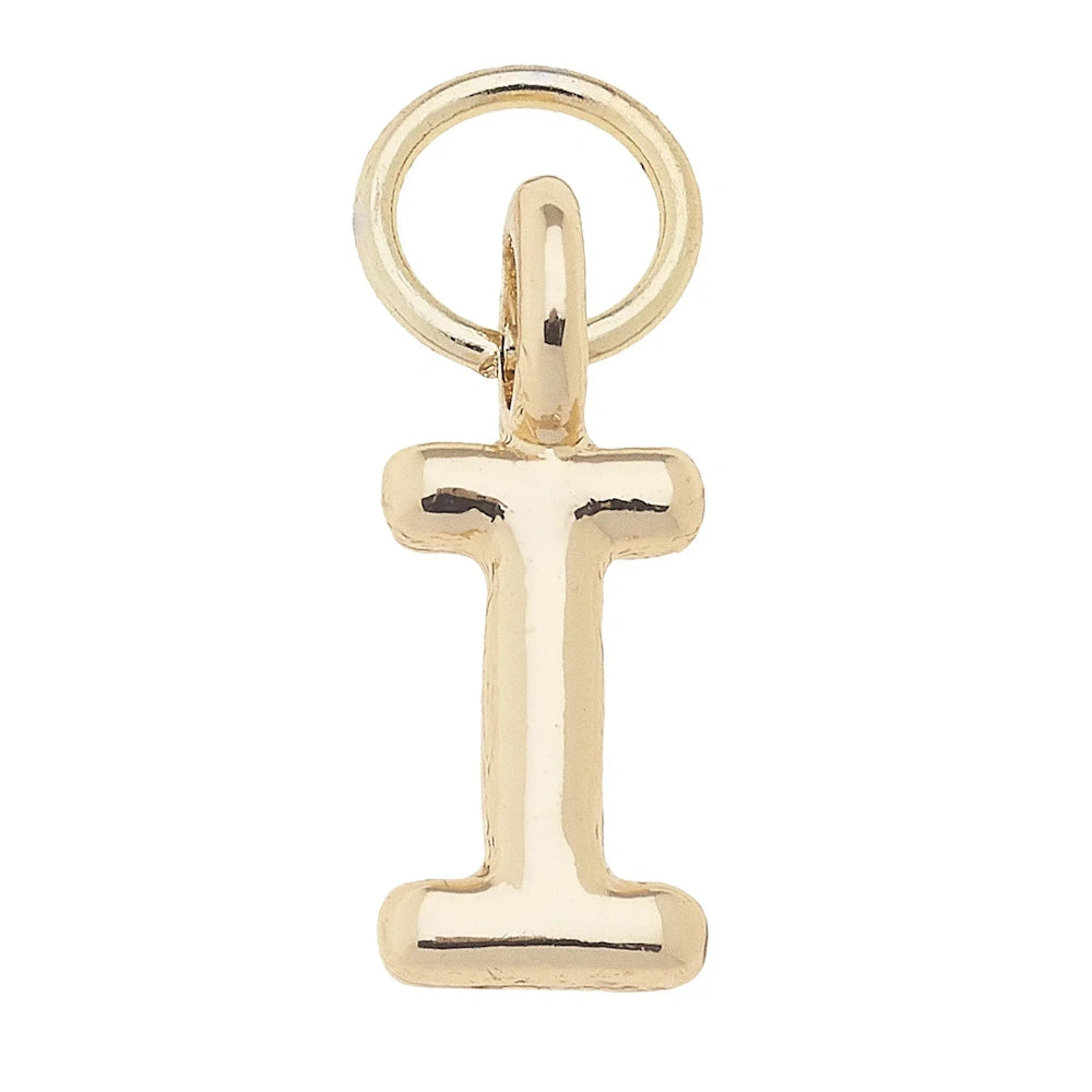 Mini gold initial pendant charm in the shape of the letter "I" with a shiny metallic finish and top jump ring.