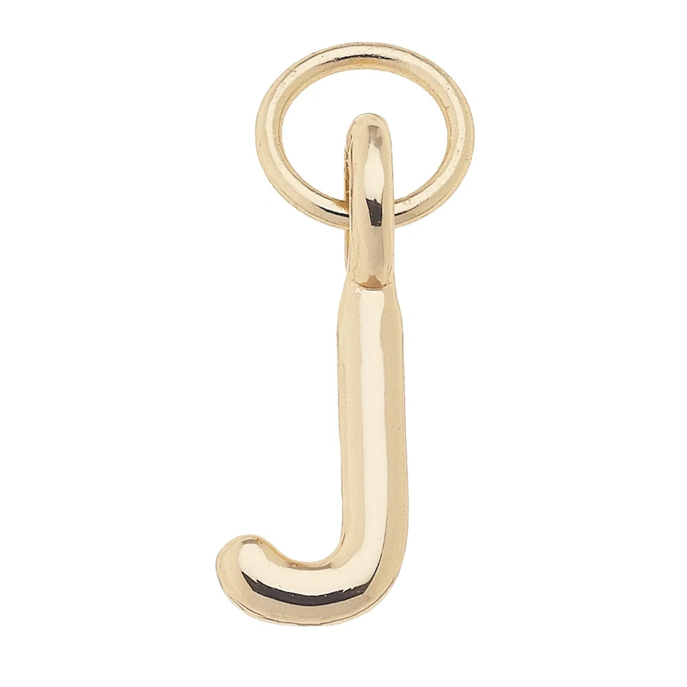 Shiny gold mini initial "J" charm with jump ring for jewelry making on a white background.