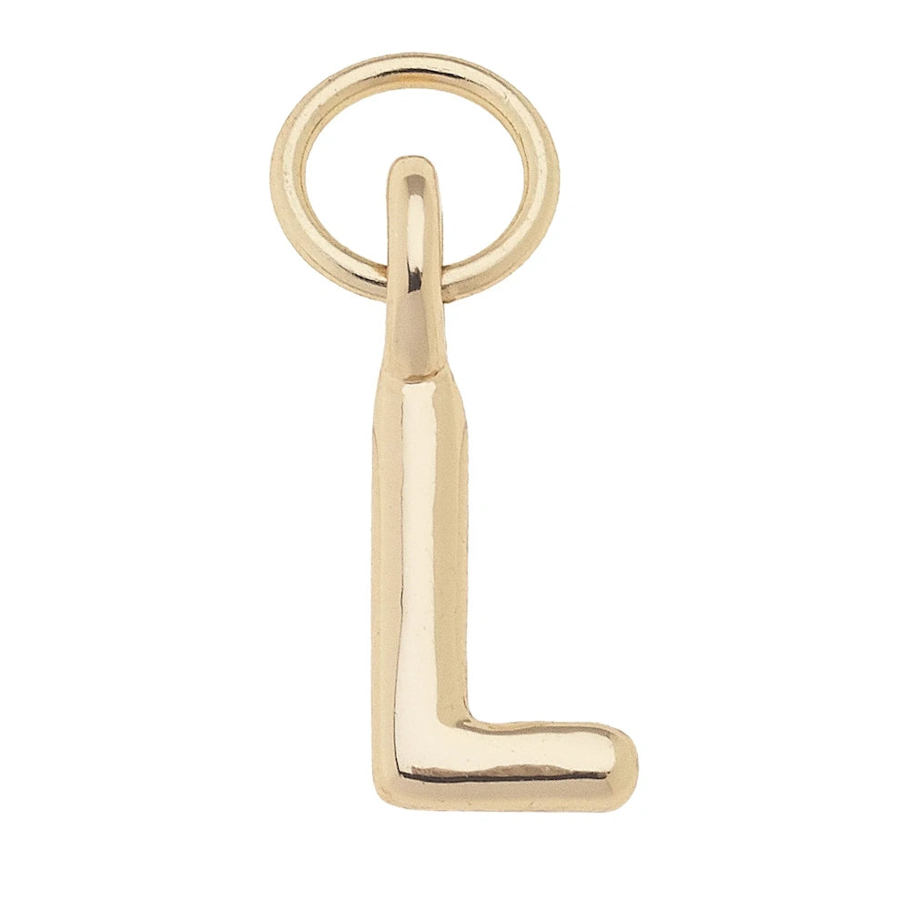 Shiny gold-toned mini initial L charm with a polished finish and circular jump ring for jewelry making.