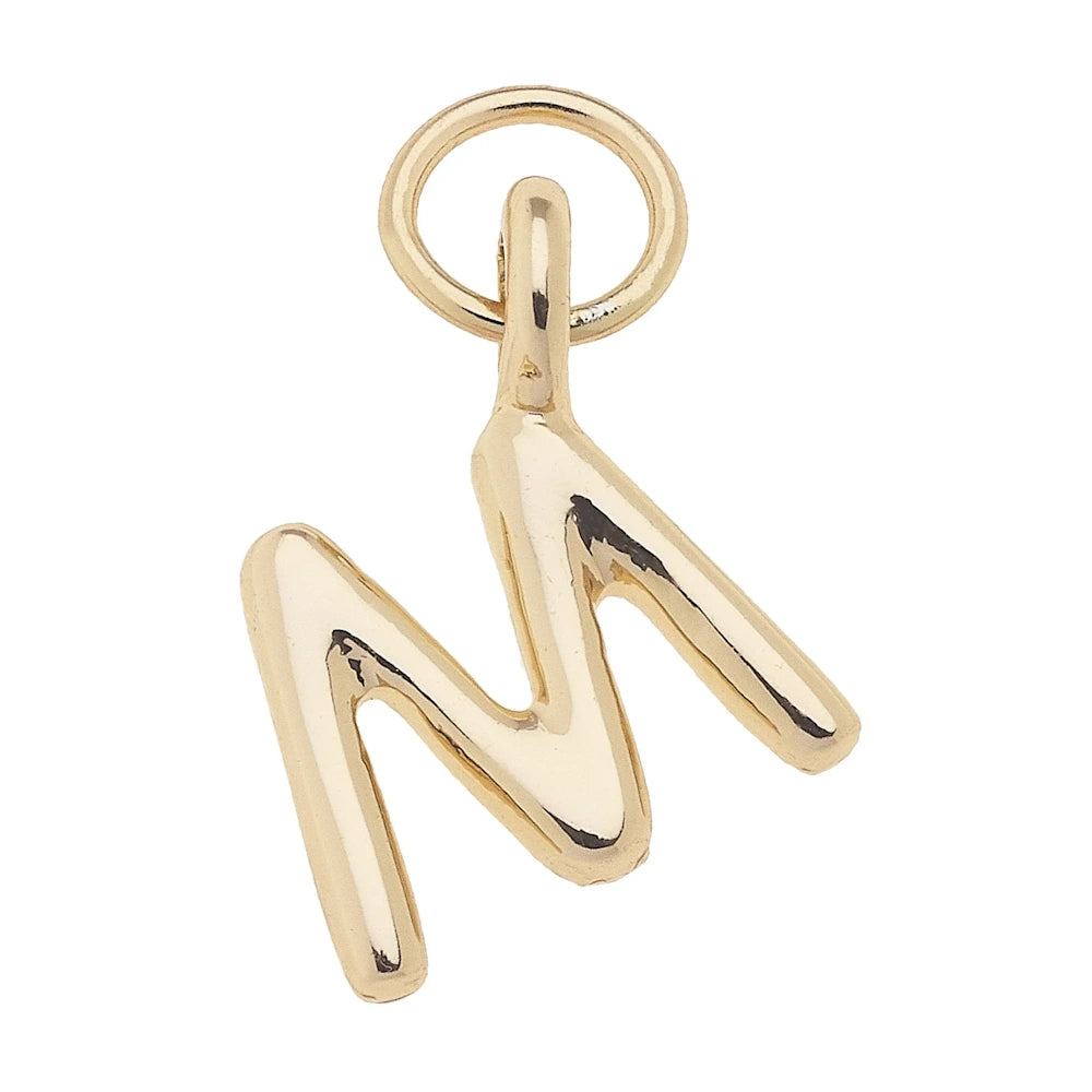Shiny gold mini initial M charm pendant with a polished finish and round jump ring for jewelry making and necklaces.