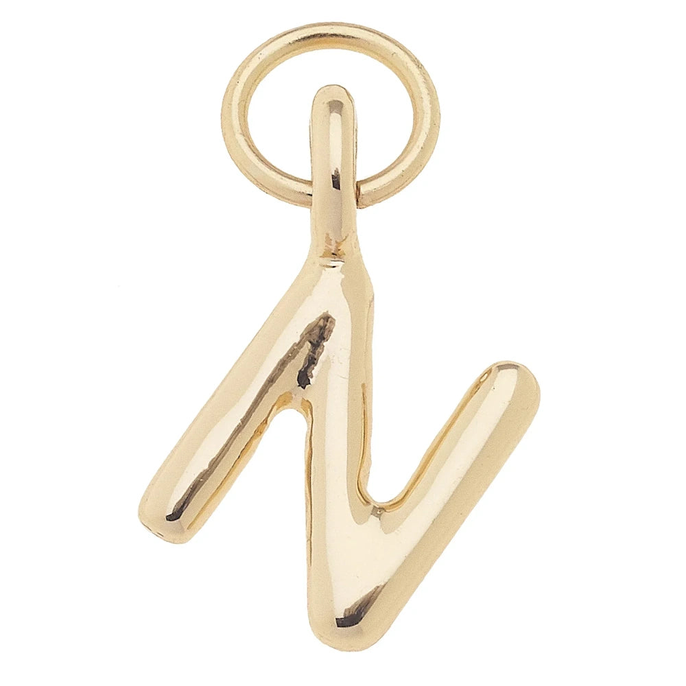 Shiny gold mini initial N charm with a polished finish and jump ring for a necklace or bracelet jewelry accessory.