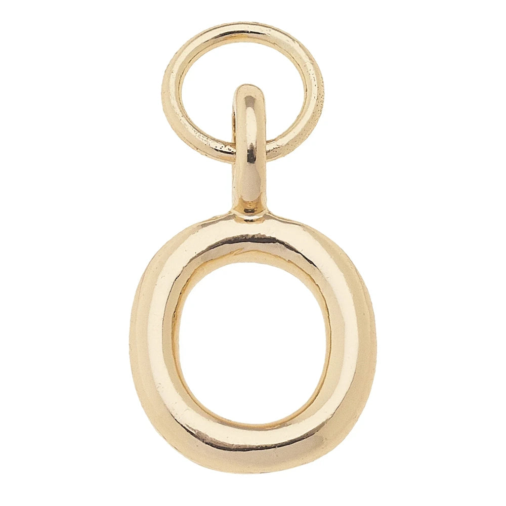 Shiny gold mini initial letter O charm pendant with a polished finish and jump ring for jewelry making.