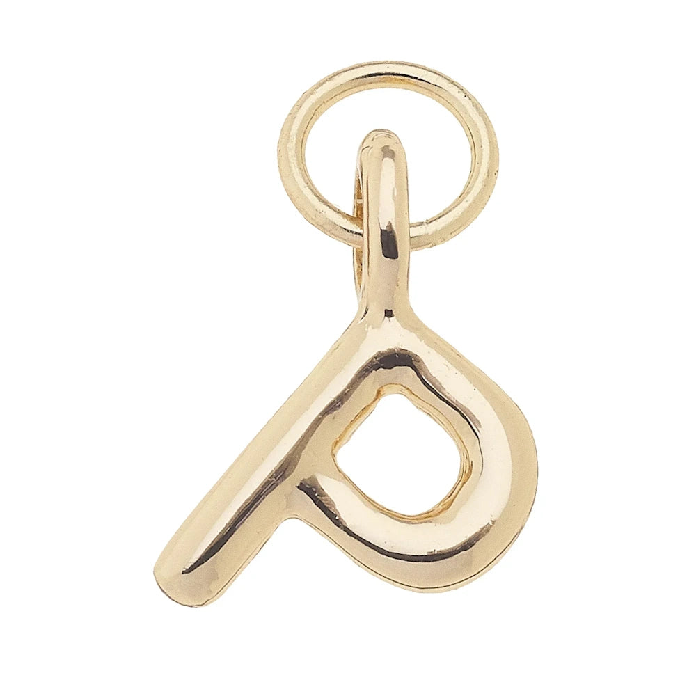Gold initial P charm pendant with a shiny, polished finish and a circular bail for jewelry making.