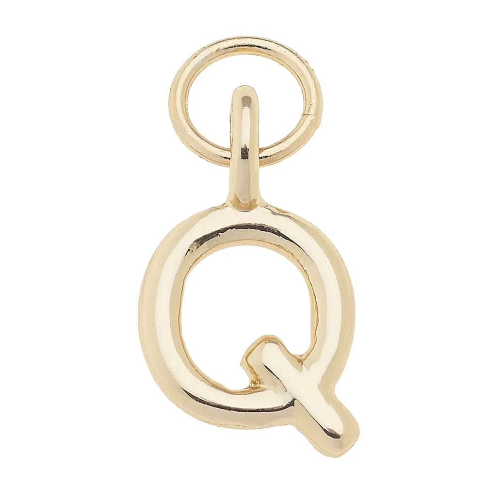 Gold initial Q jewelry charm in a shiny finish with a small jump ring for necklaces or bracelets.