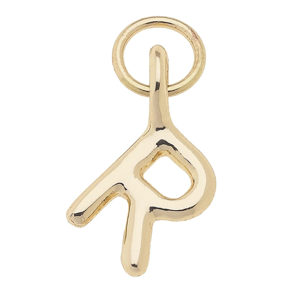 Mini initial charm in shiny gold featuring the letter R, a personalized jewelry pendant for necklaces and bracelets.