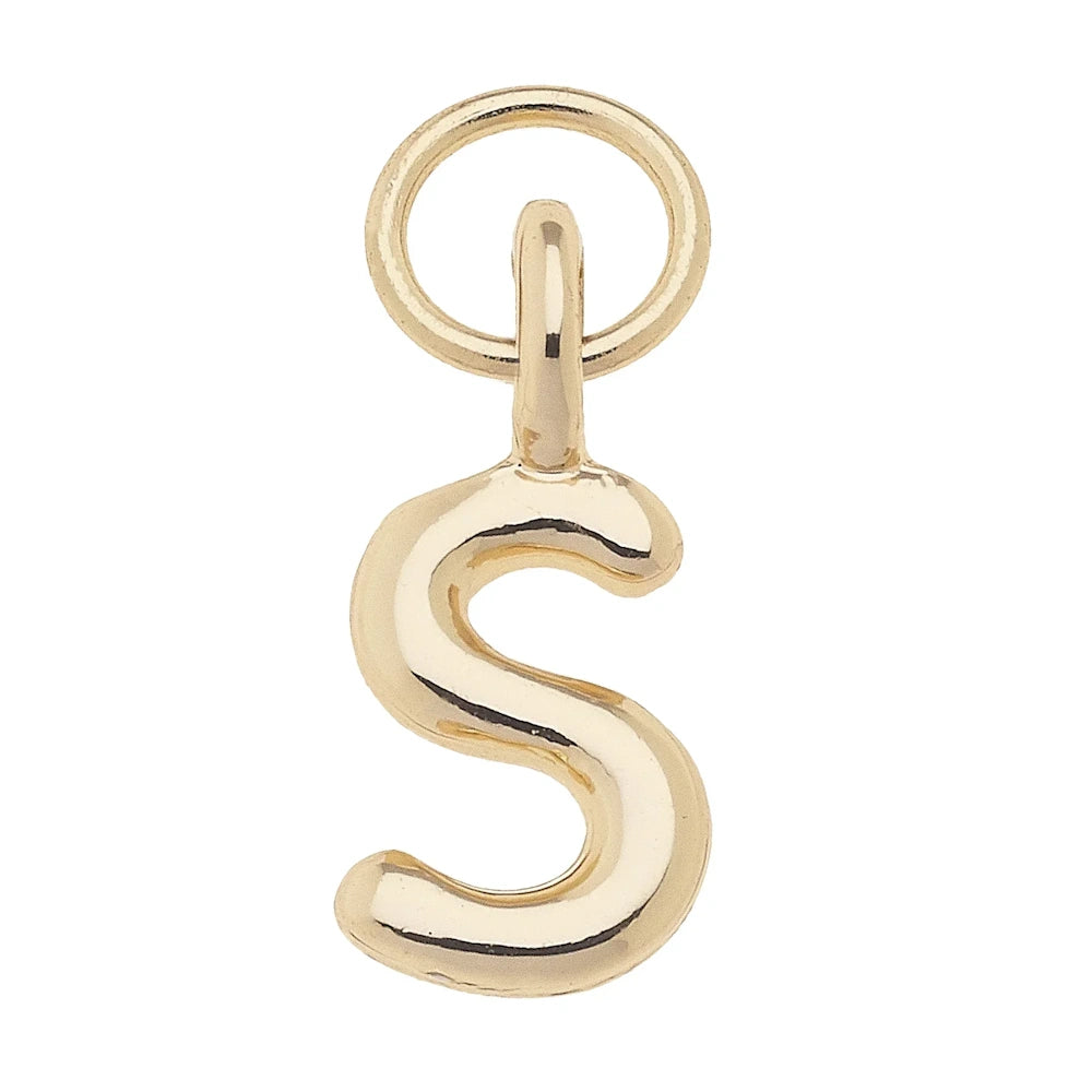 Shiny gold mini initial S charm pendant with a polished finish and jump ring on a white background.