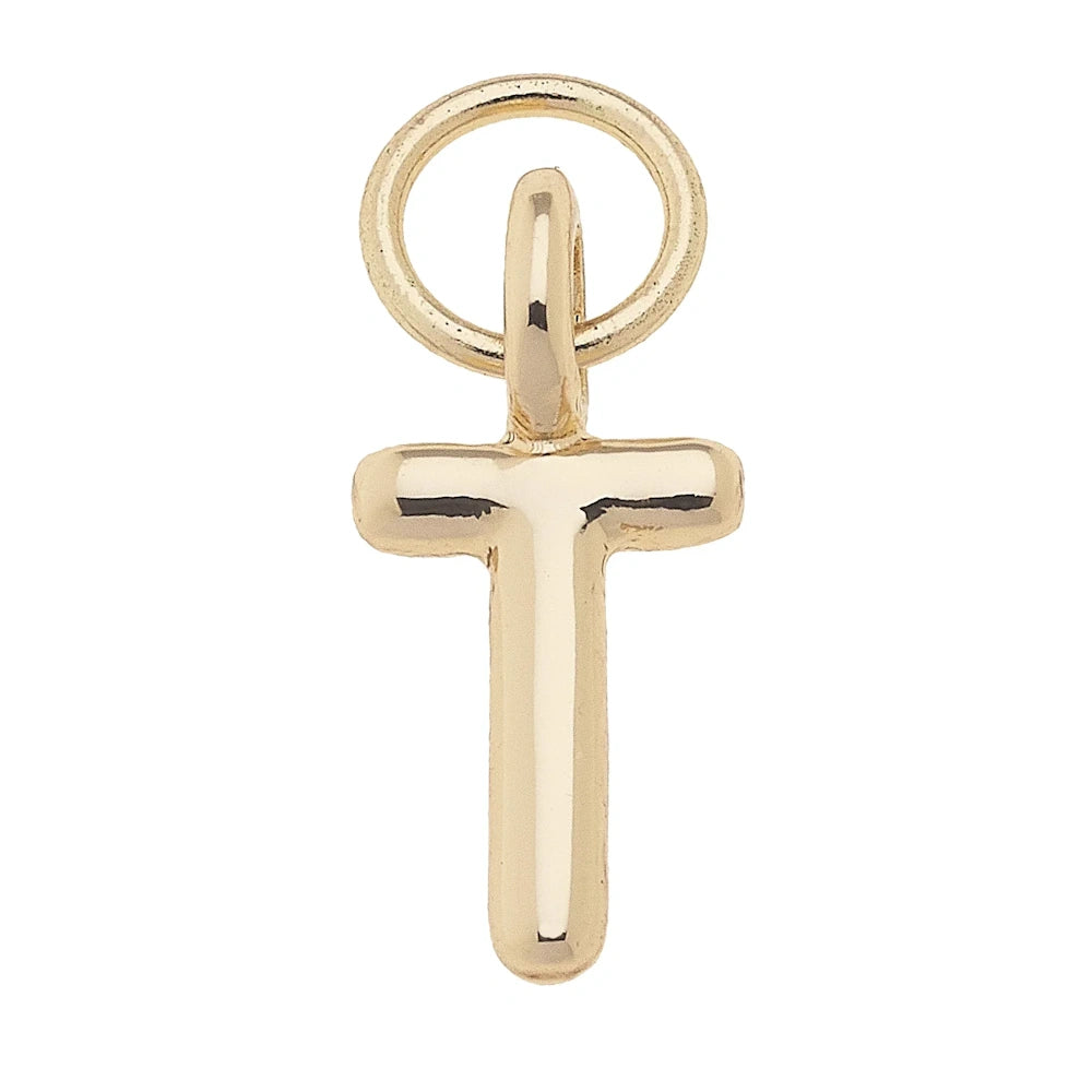Gold "T" initial charm pendant in a shiny, polished finish for necklaces or bracelets.