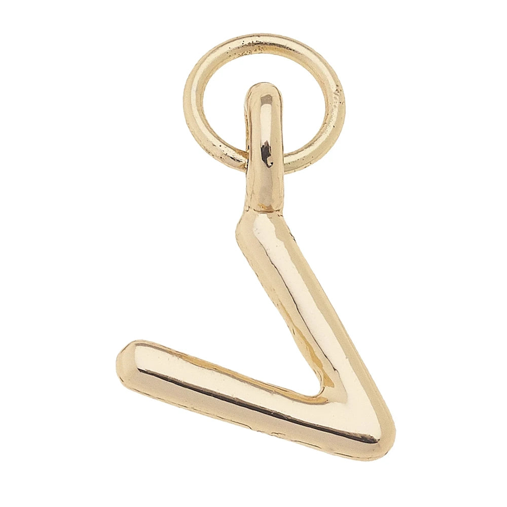 Mini initial 'V' charm in shiny gold finish with a round jump ring for jewelry making on white background.