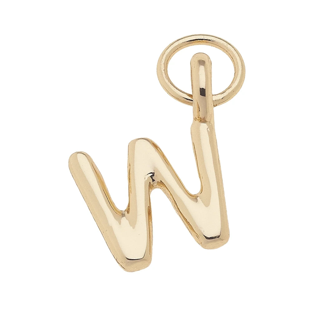 Gold initial "W" pendant charm with a polished finish and jump ring for jewelry making.