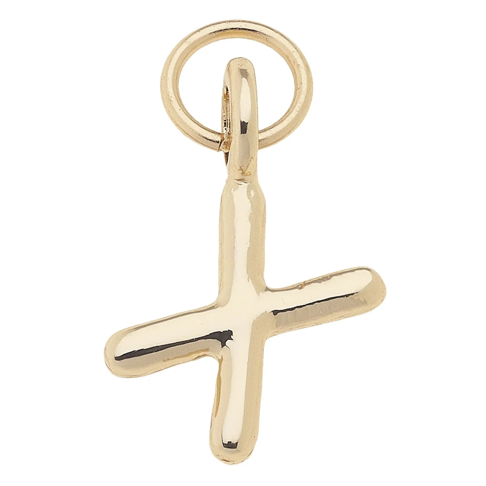 Shiny gold mini initial X charm with a polished finish and jump ring for necklaces or bracelets.