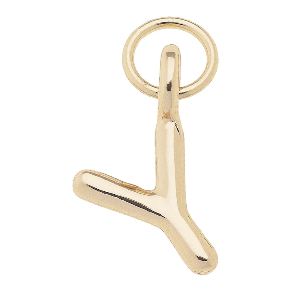 Shiny gold mini letter Y initial charm pendant with a polished finish and circular jump ring for jewelry making.