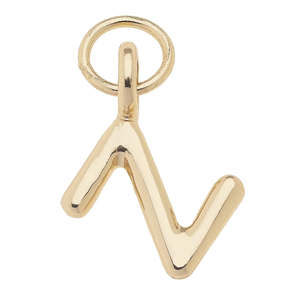 Shiny gold mini initial Z letter charm with a polished finish and jump ring for jewelry making and necklaces.