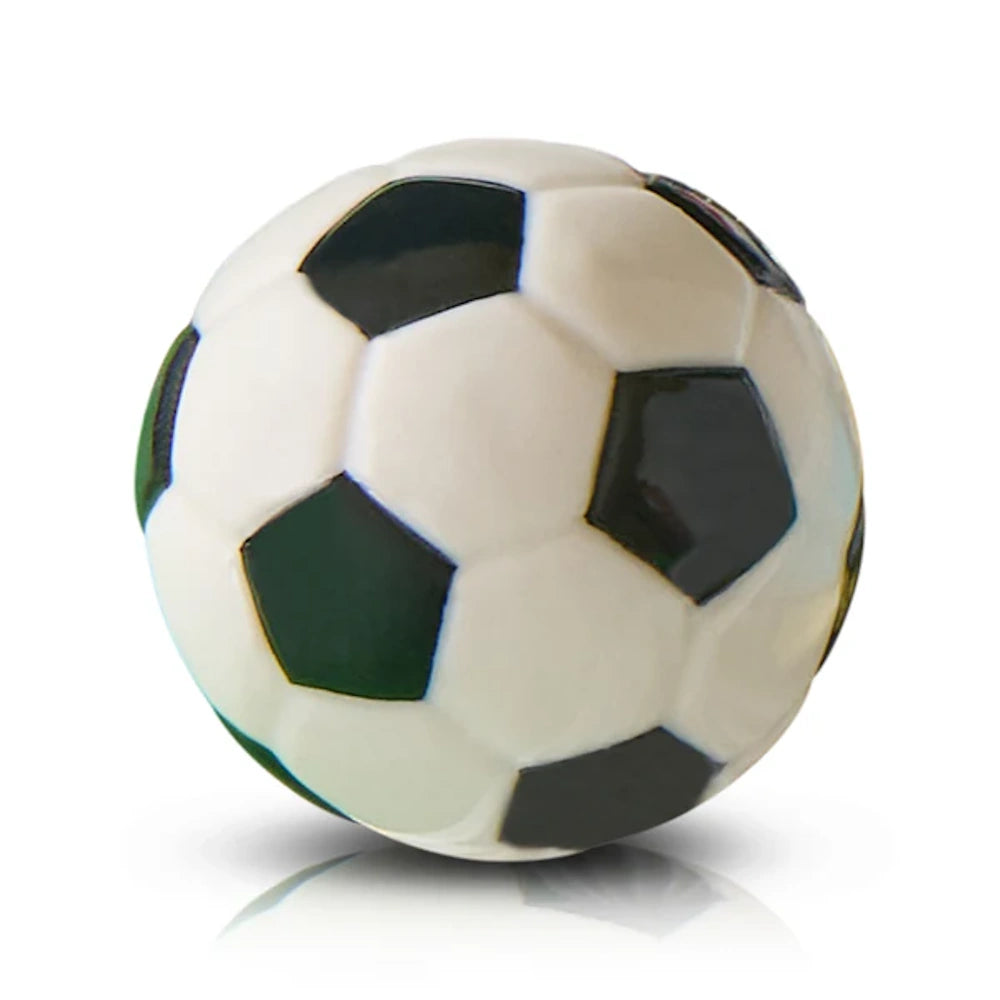 Small black and white soccer ball with a glossy finish, centered on a white background with a soft reflection.