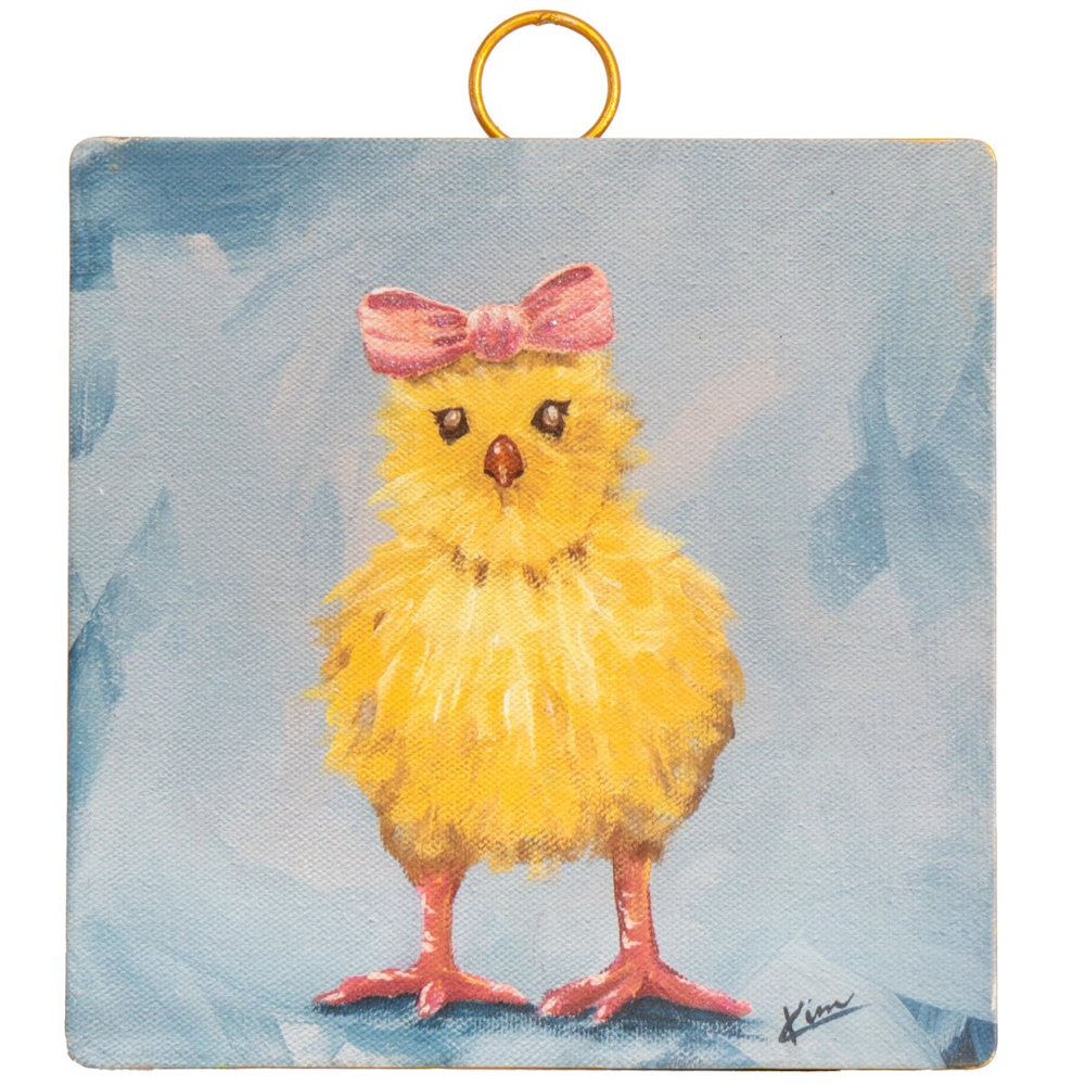 Painting of a fluffy yellow baby chick wearing a pink bow on a blue background.