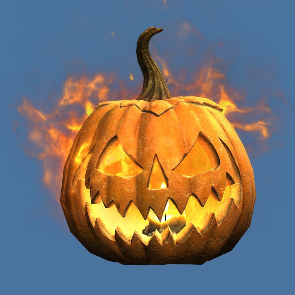 A carved jack-o'-lantern with a sinister grin glowing internally with fiery flames against a blue background.