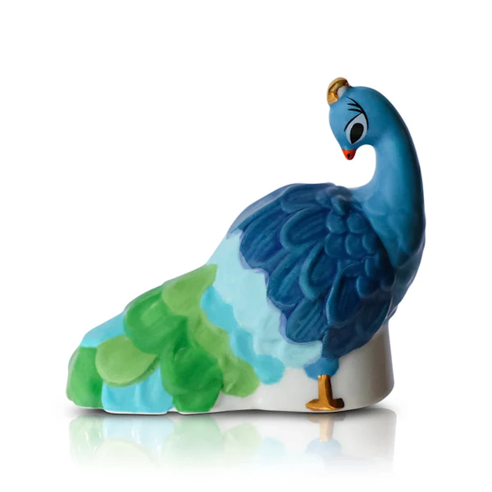 Miniature blue peacock figurine with green and blue tail feathers and gold details.