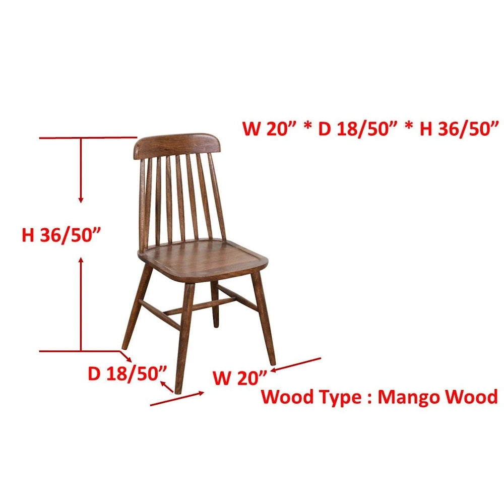 Mango wood spindle back dining chair with dimensions 20"W by 18.5"D by 36.5"H.