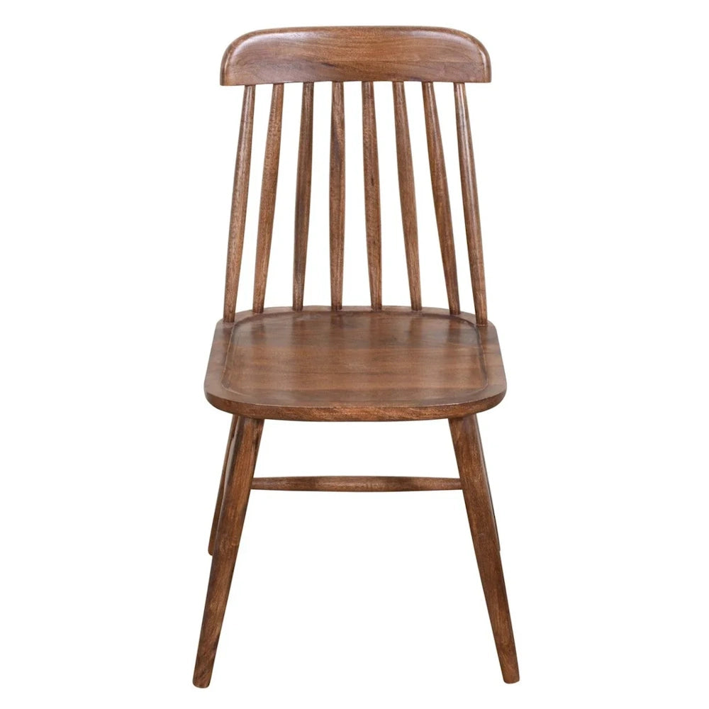 Mid-century modern solid wood Windsor dining chair with spindle back and walnut finish.