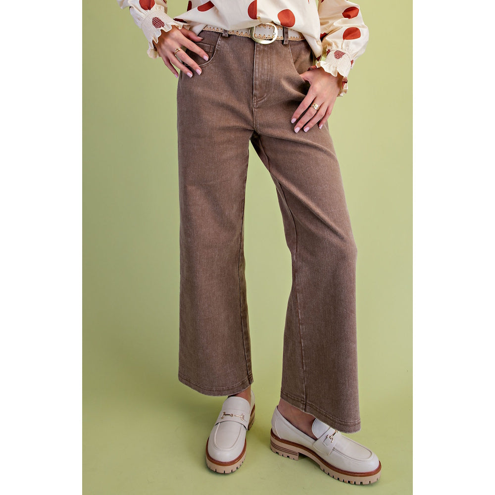 Front view of mocha brown washed wide-leg twill pants paired with cream lug-sole loafers.