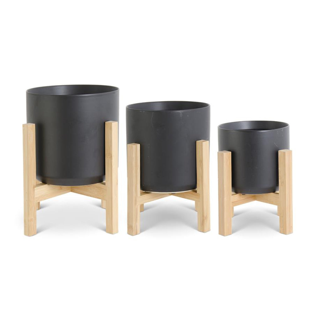 Large Modern Black Ceramic Pot on Bamboo Stand — alternate view 2