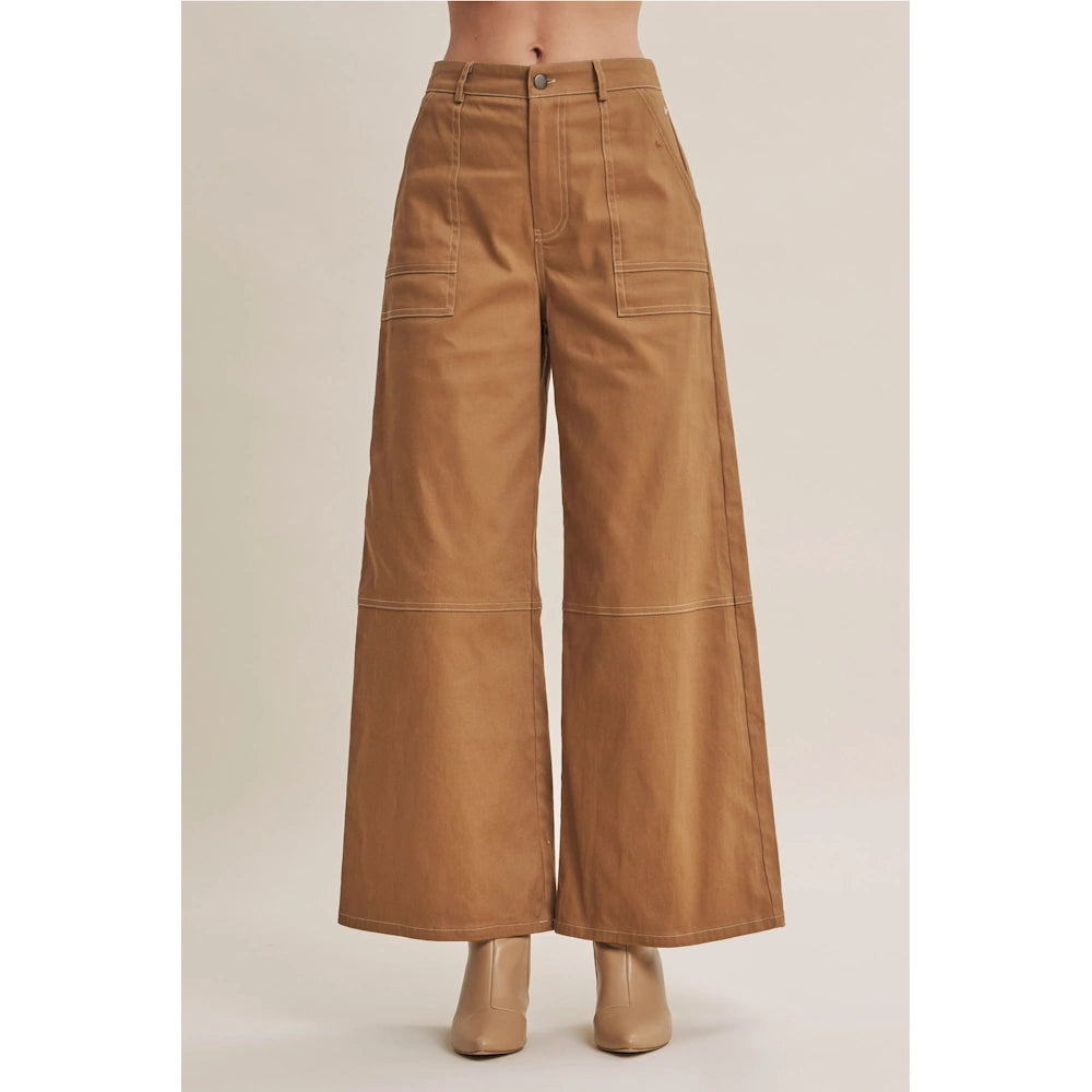 Front view of high-waisted camel wide-leg cotton twill pants with contrast white stitching.