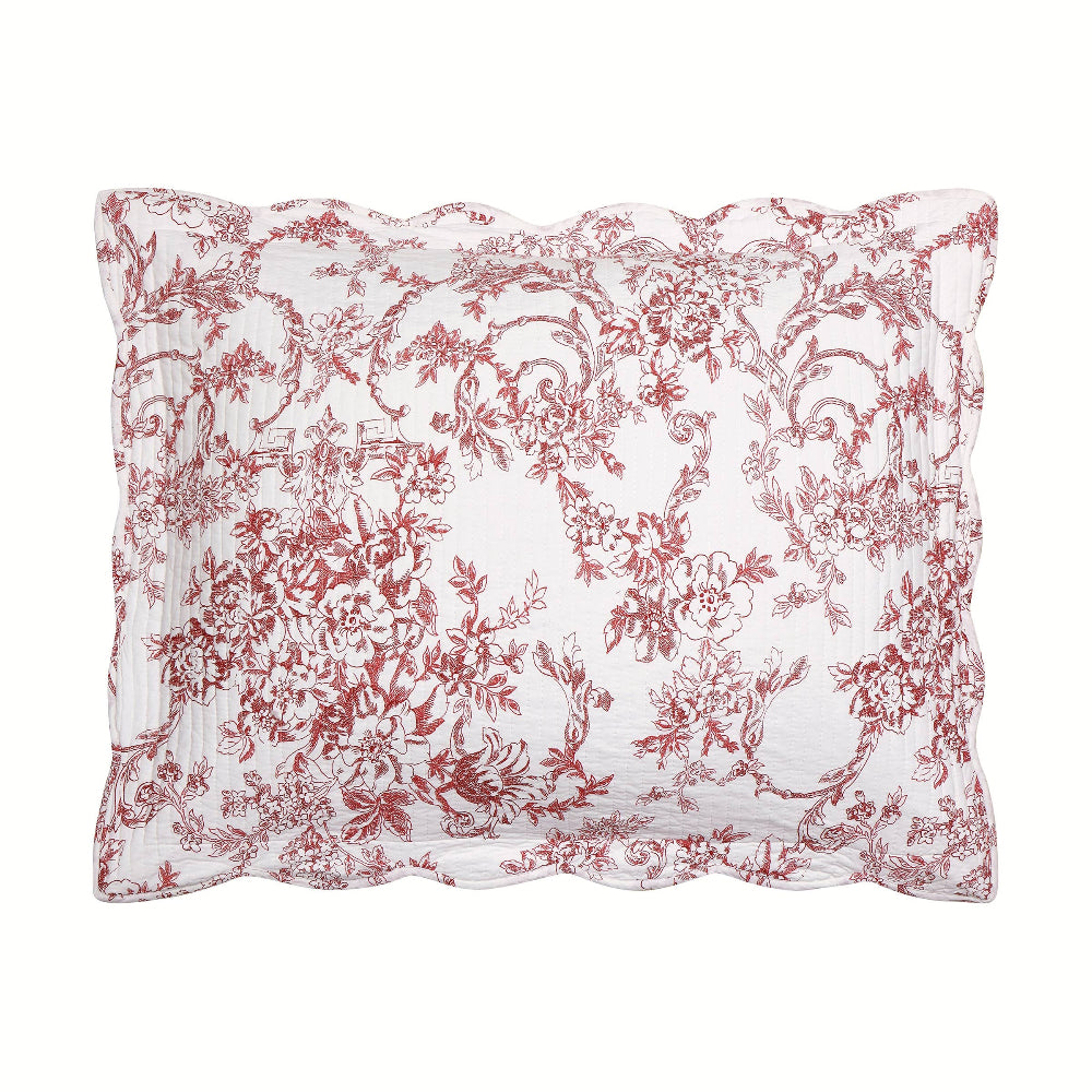 Red and white floral garden toile quilted pillow sham with scalloped edges, part of a vintage-style bedding set.