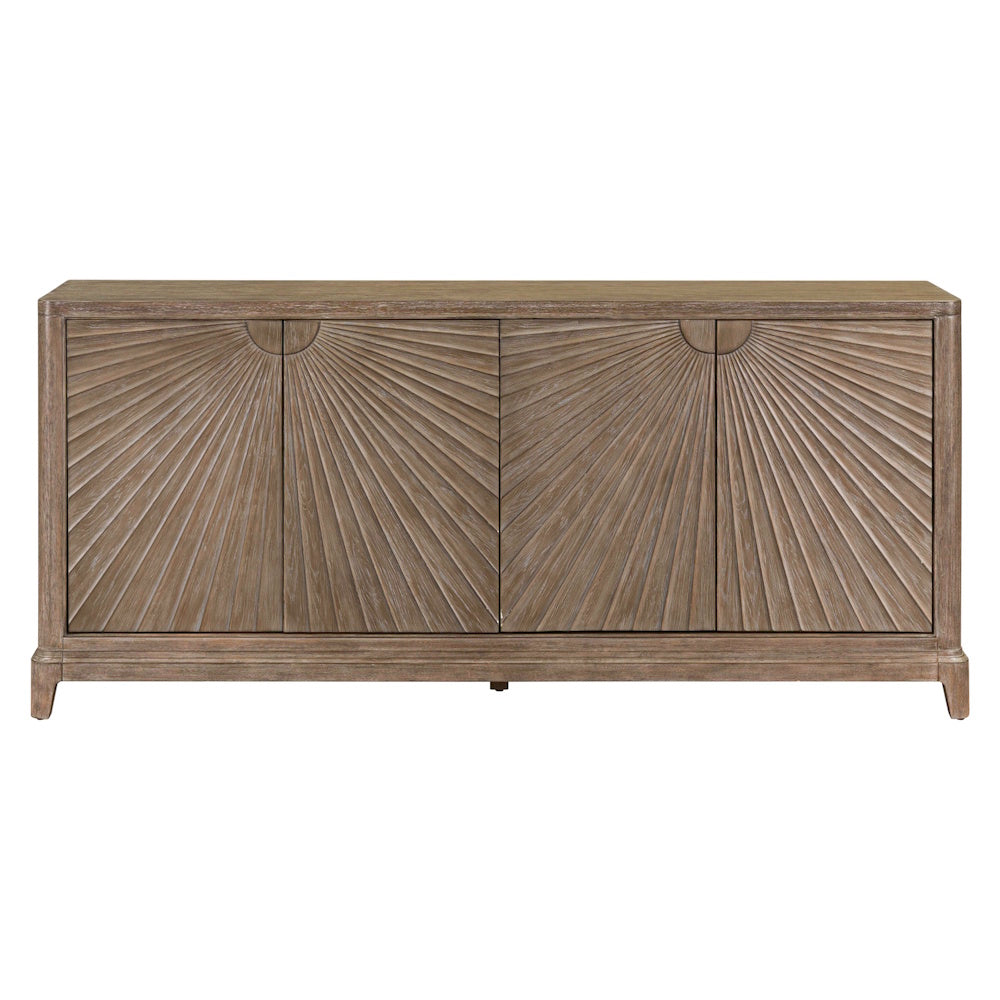 Wooden accent cabinet with four doors featuring a sunburst design.