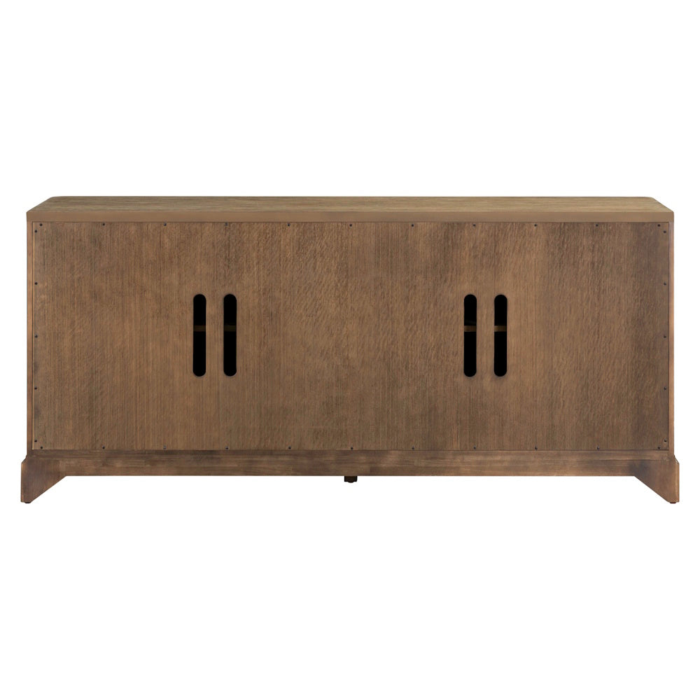 Back view of the wooden accent cabinet showing cord management cutouts.