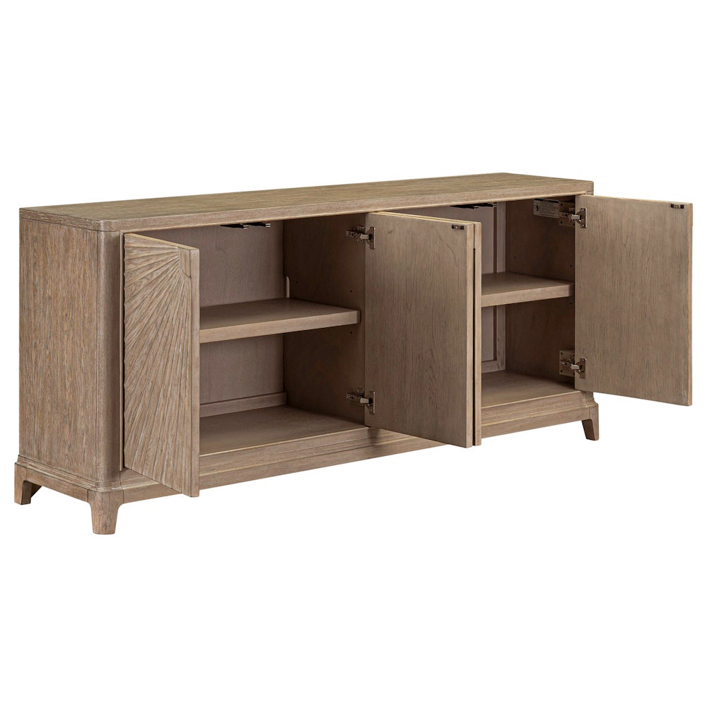 Wooden accent cabinet with doors open, showing interior storage shelves.