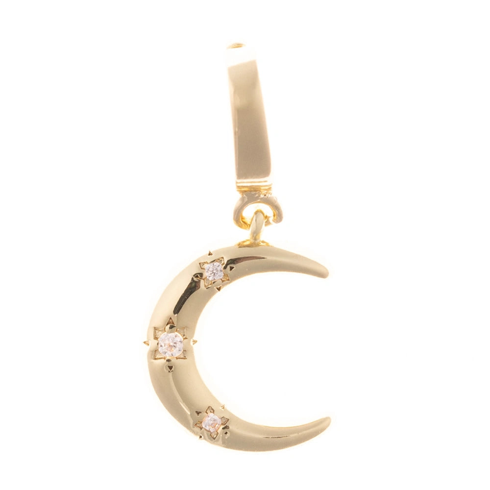 Gold crescent moon charm set with tiny clear crystals on a plain white background.