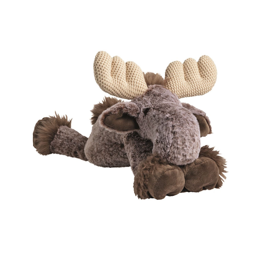 Side view of a plush stuffed moose lying down with soft brown fur and cream knit antlers.