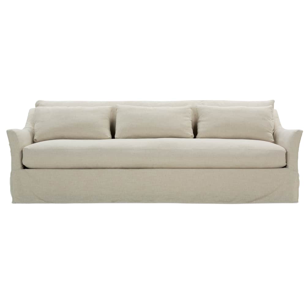 Front view of a beige Moreau slipcovered sofa featuring three plush back cushions and a single seat cushion.