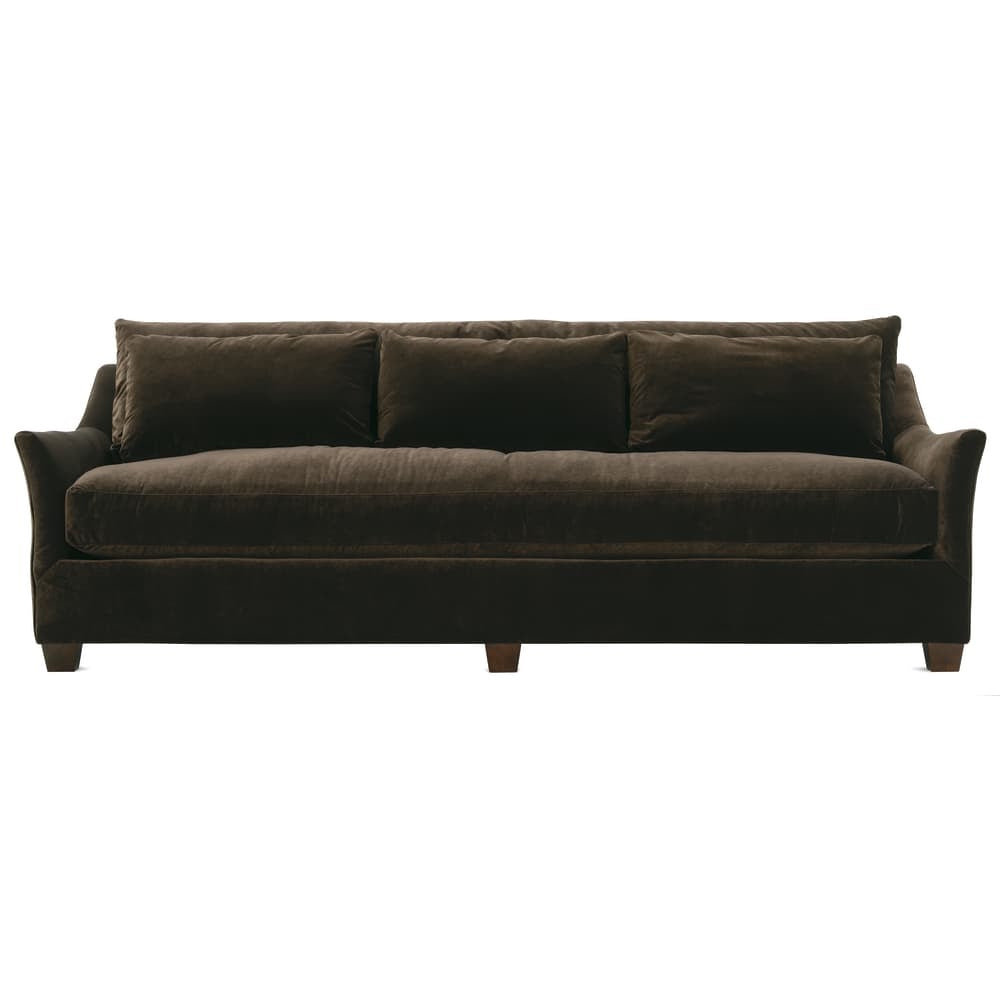 Dark brown velvet sofa with three back cushions and low wooden legs on a white background.