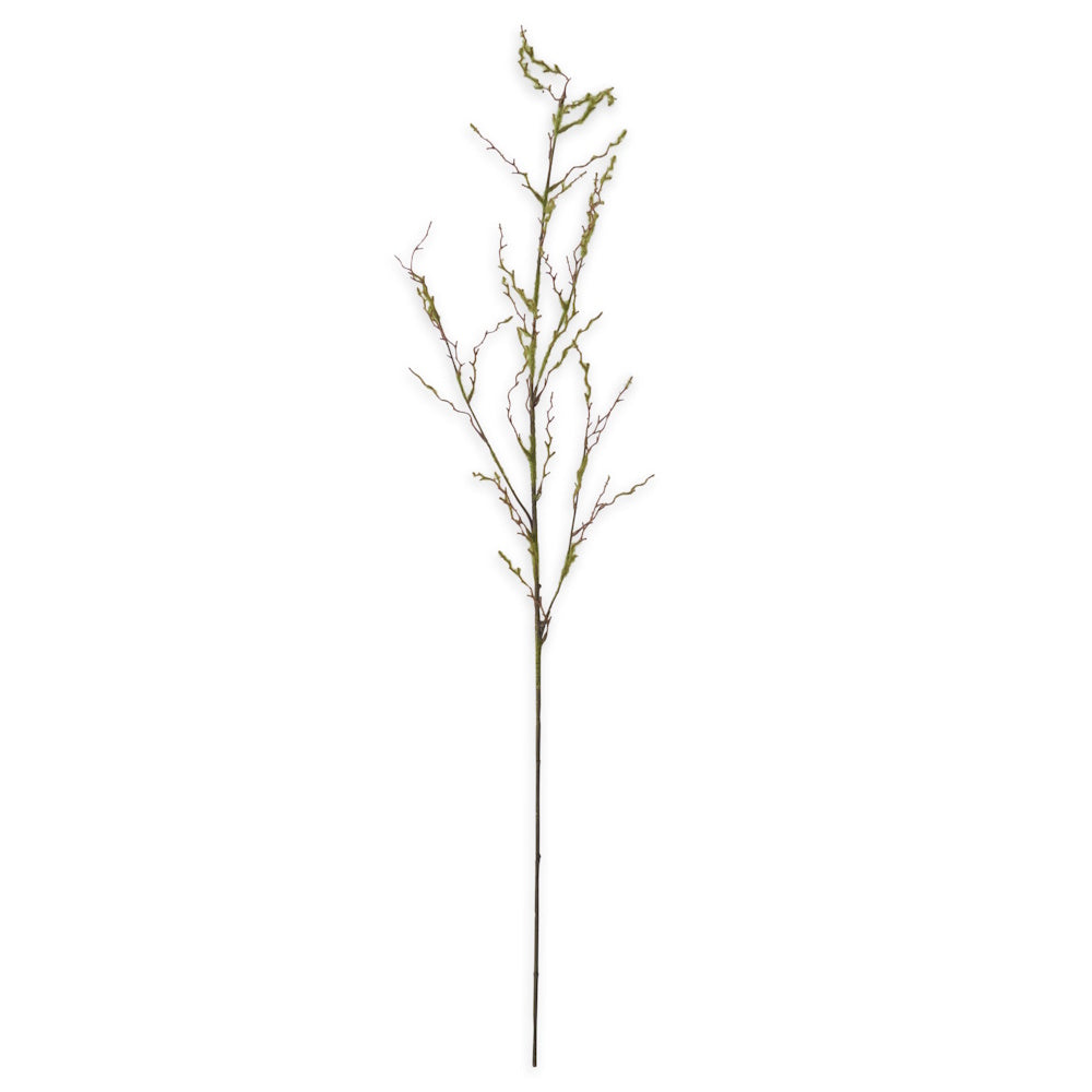 A single artificial branch with curly brown twigs and sparse green buds against a white background.
