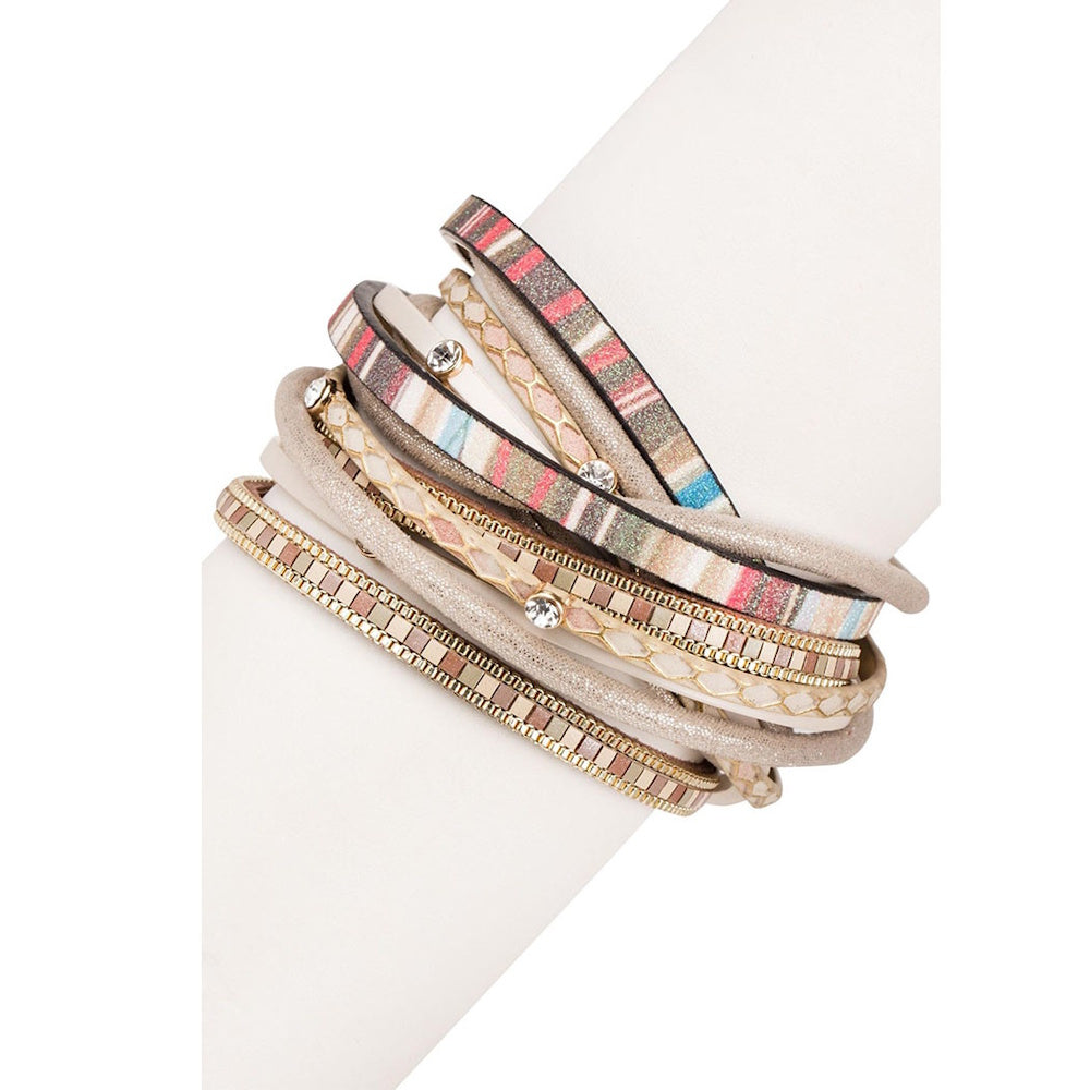 A multi-layered wrap bracelet featuring metallic chains, rhinestones, and colorful striped bands.