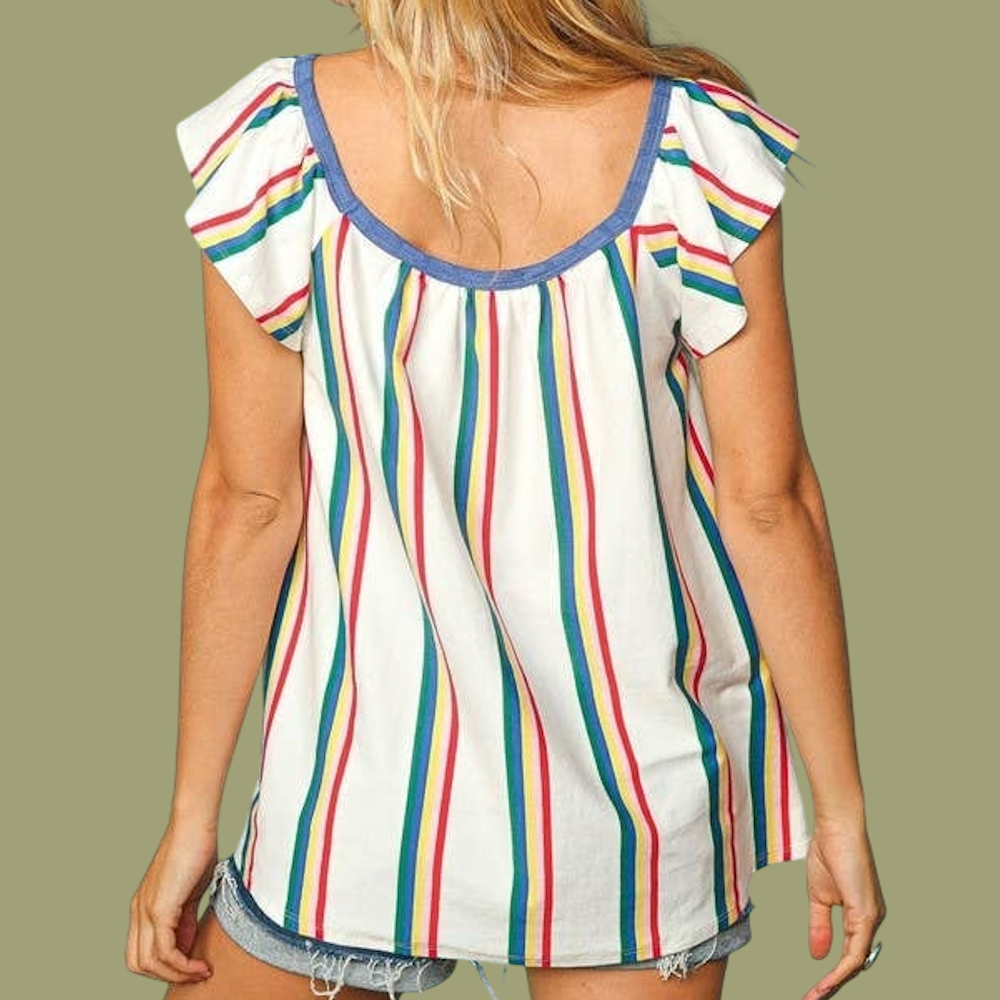 Back view of a white scoop-neck top featuring primary color vertical stripes and flutter sleeves.