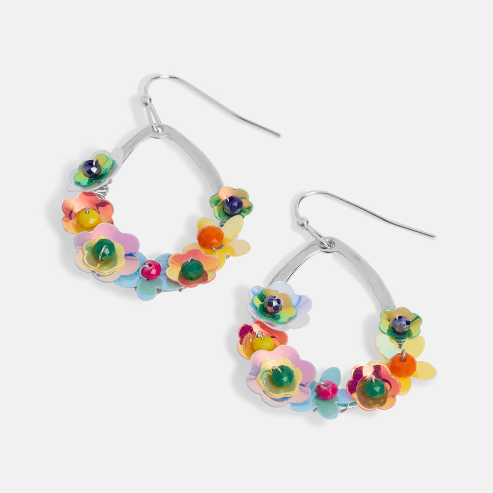 Multicolor sequin flower teardrop earrings with iridescent petals and beaded centers on silver-tone wire frames.