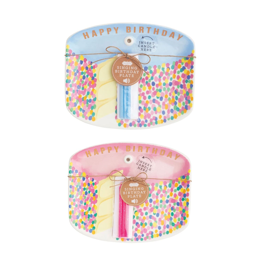 Set of two singing Happy Birthday plates in pink and blue with confetti designs and candle holders.
