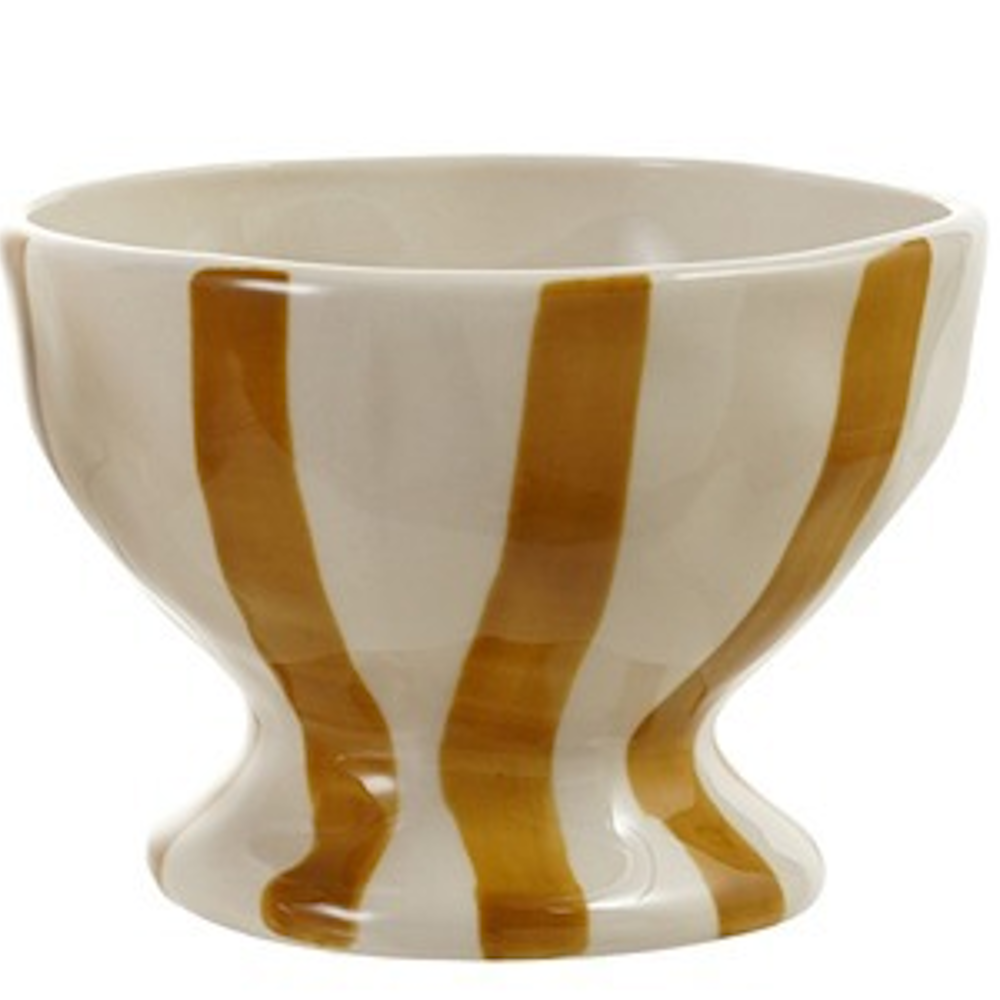 Off-white ceramic footed bowl with hand-painted mustard yellow vertical stripes.