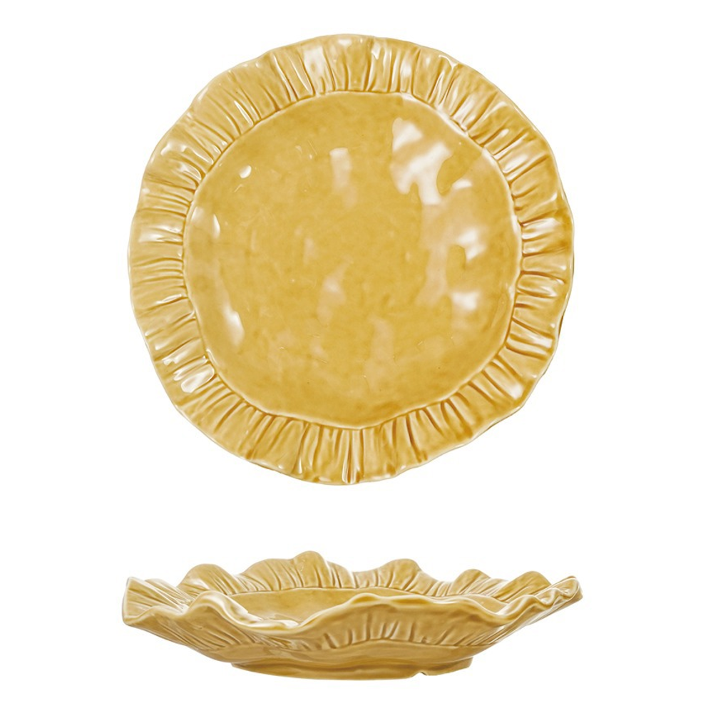 Mustard yellow ceramic plate with a glossy finish and ruffled rim, shown from top-down and side views.