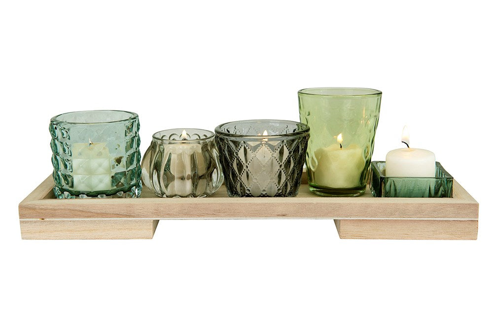 Wood Tray w/ 5 Glass Votive/Tealight Holders, Boxed Set of 6 — alternate view 2