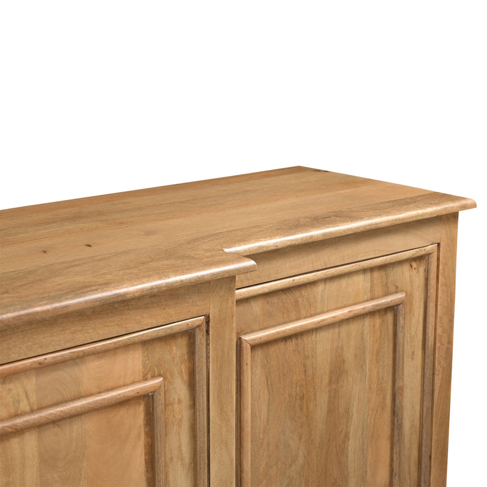 Close-up of the natural hardwood sideboard showing wood grain and paneled cabinet doors.