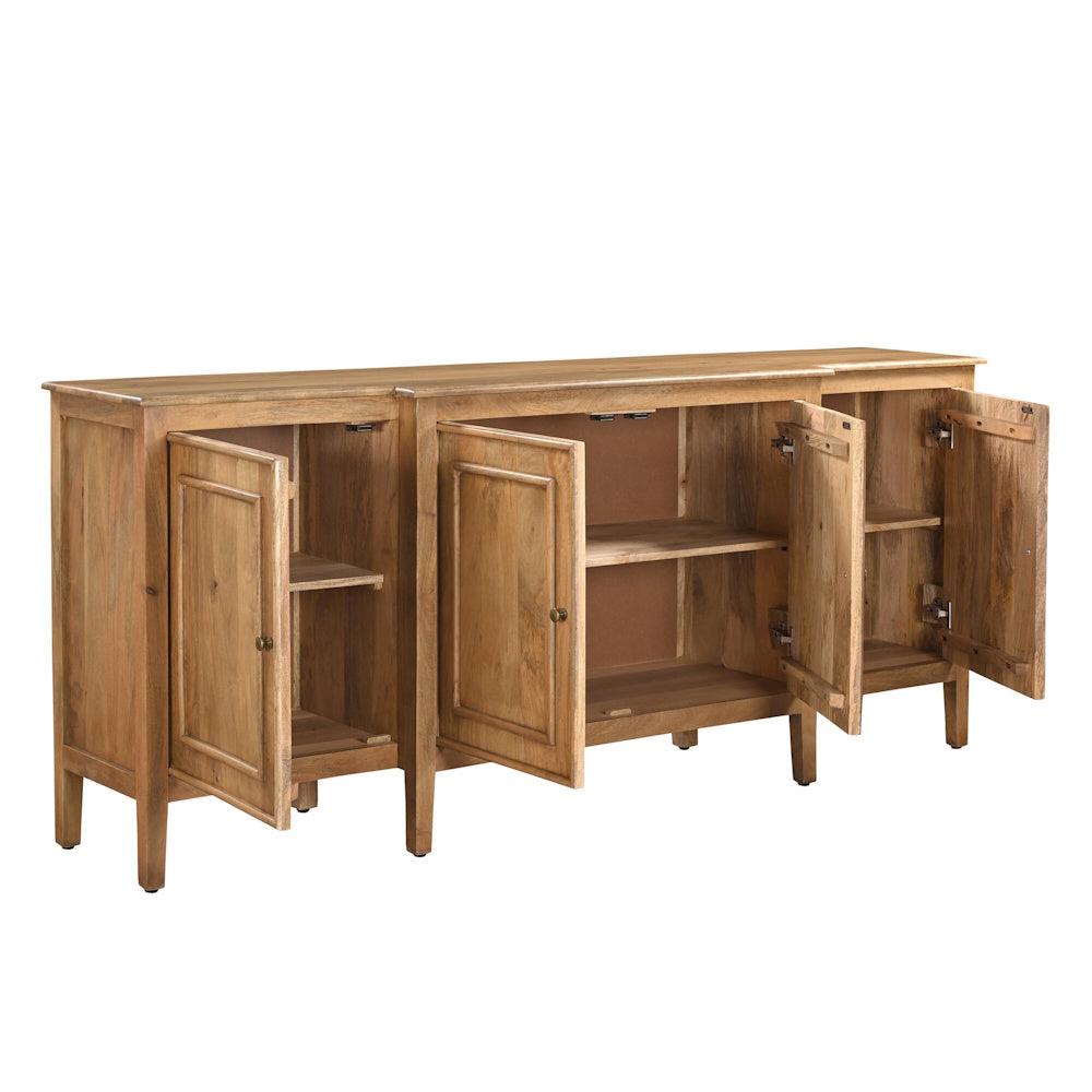 Natural hardwood four-door sideboard with open cabinet doors revealing interior shelving.