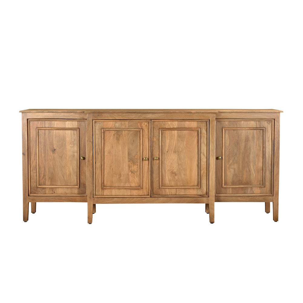 Natural hardwood four-door sideboard with panelled doors and small brass knobs.