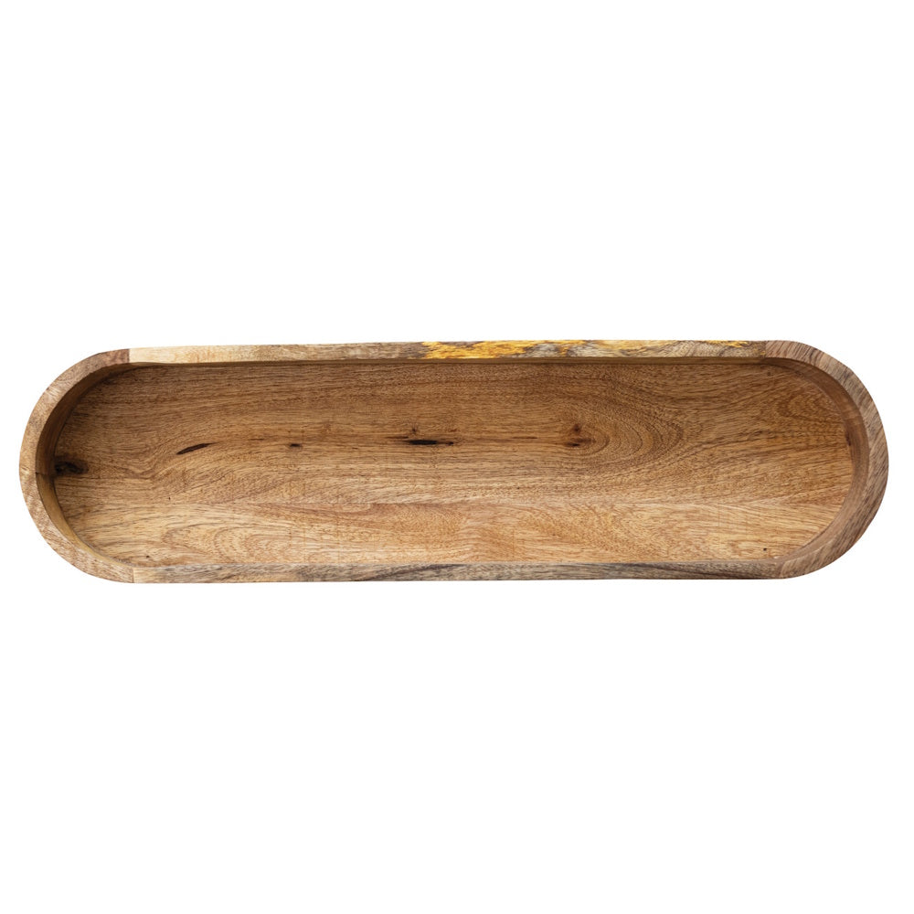 Top-down view of an oval-shaped, long natural mango wood tray showcasing its unique grain patterns.