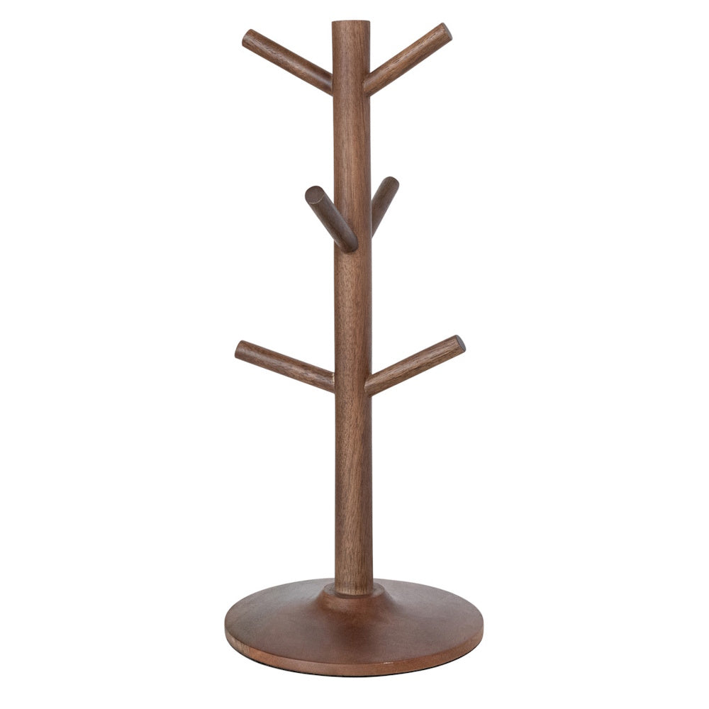 Natural mango wood mug tree holder with six hooks and a round base.