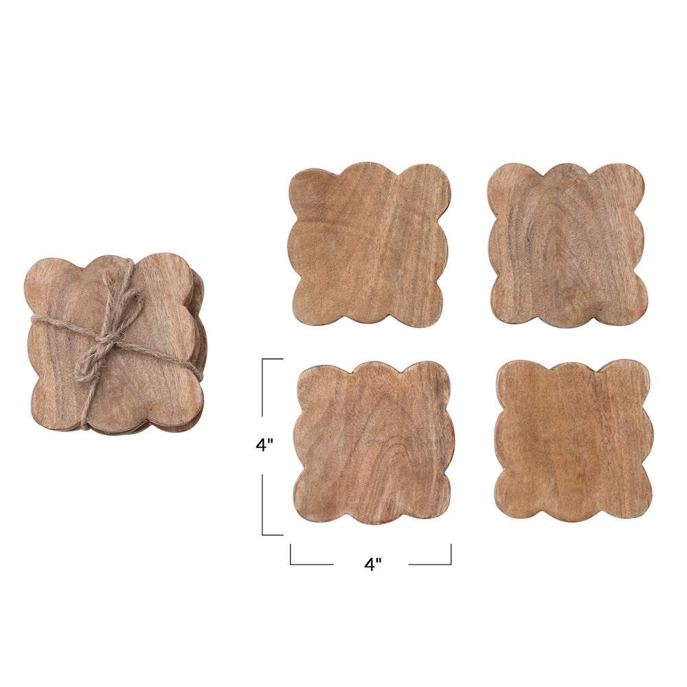 Set of 4 natural mango wood scalloped coasters tied with twine, 4-inch square dimensions layout.